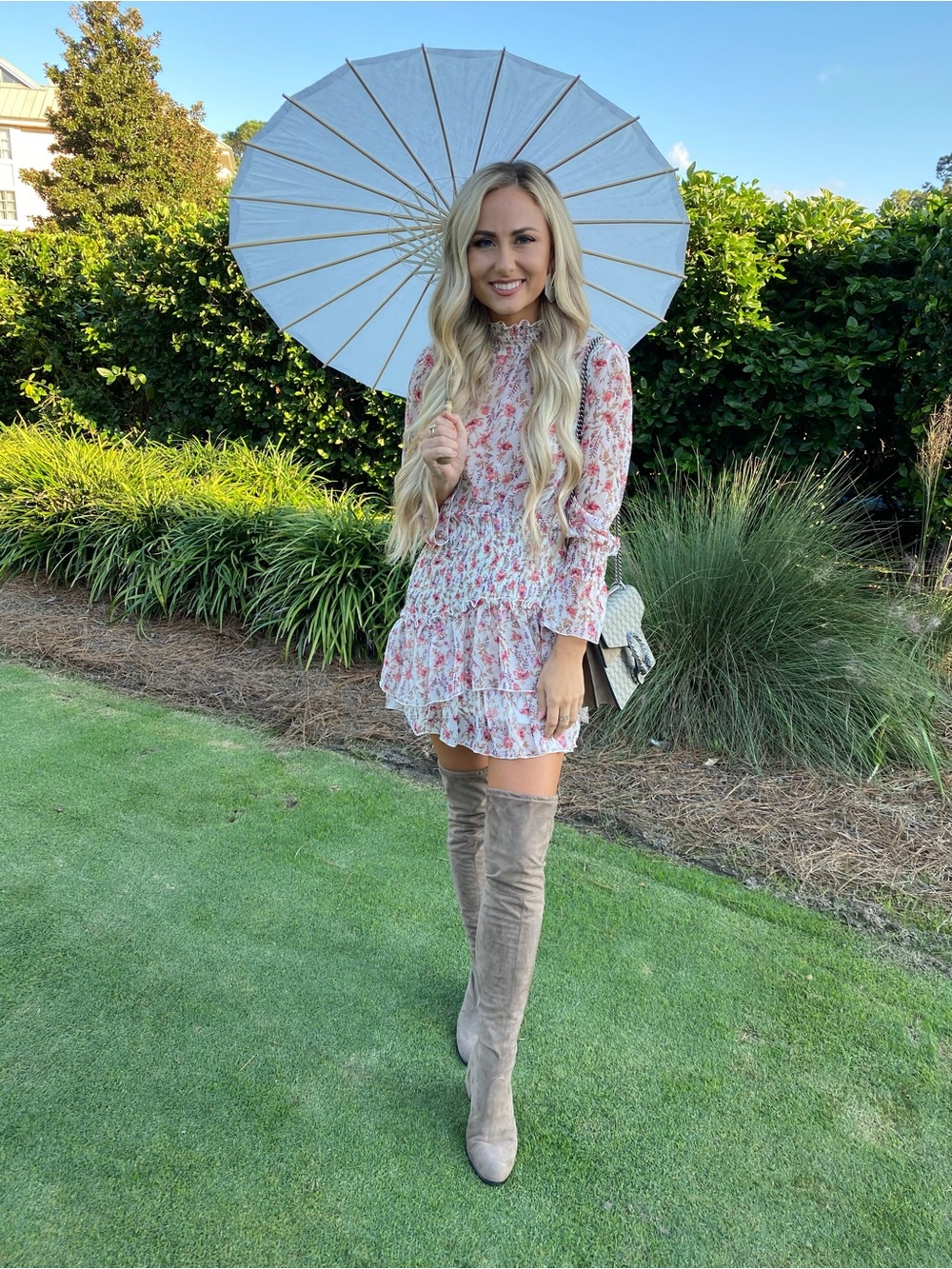 Princess Polly Cream Floral Smocked Ruffle Long-Sleeve Mini Dress